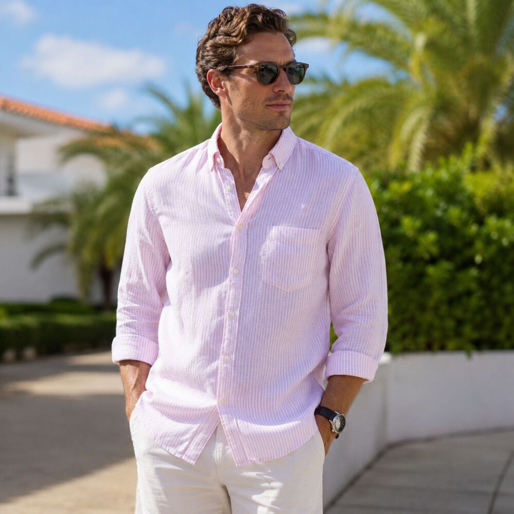 Daniel Hechter Mens M Pink White Striped Linen Blend Button Down Shirt NWT